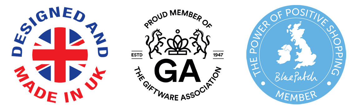 Made in UK, Member of the Giftware Association and Blue Patch member logos
