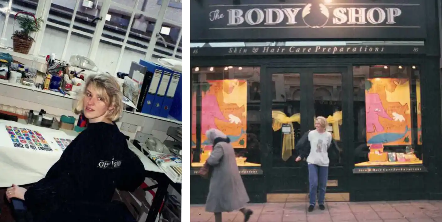 Bea Thackeray working in The Body Shop design studio in the early 90's and a photo of her outside a Body Shop store with the first animal in danger posters in the windows.